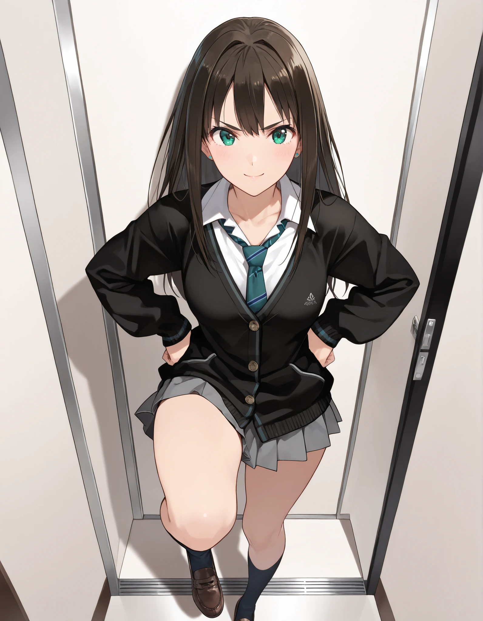 Shibuya Rin,solo, hyperdetail face, to close、 slightly angry expression 、 black hair, Long, white blouse, black cardigan, Green ribbon tie ,socks, loafers, standing, first person view、POV、Slightly bird's-eye view、kick a man in the crotch, Kick with the back of the foot、Front kick、raise one leg to hip height、1 girl, woman in clothes,, full face , A smile of sexual ecstasy, hair between eyebrows, Thick eyebrows, large 胸, (masterpiece),(top quality),(ultra detail),(best illustrations),(best shadows),(Absard dress),(detailed background),(very beautiful),no background、full body、flat color
