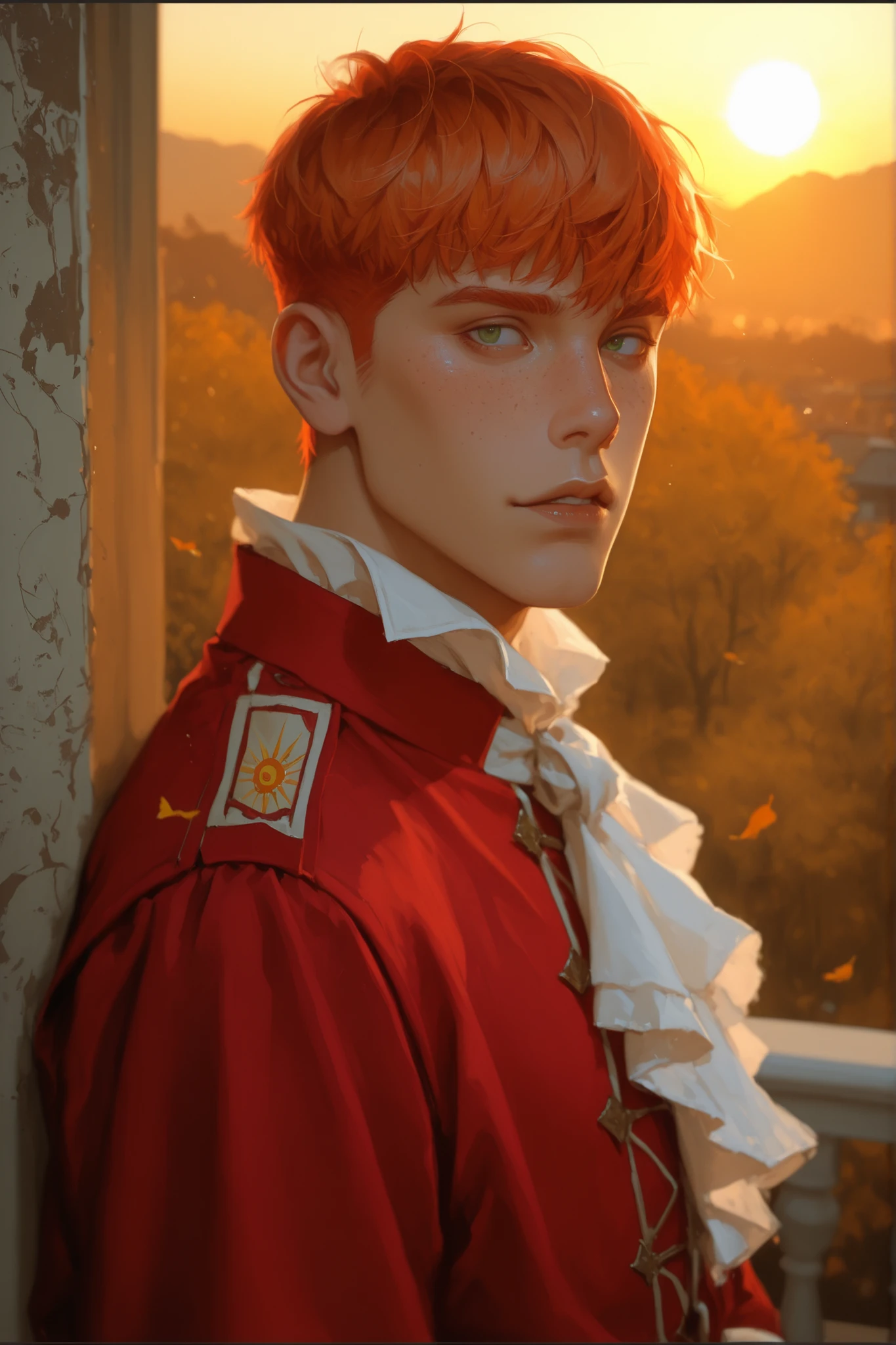 Solo man, in red and white period clothing, Short hair for men, Young man of 20 years old, Red-haired, Orange hair, emerald eyes, freckles on his face, soft hair on his upper lip, short hair, dominant expression, autumn mood, On an old balcony, 1500s, strong, masculine, masculine hair, man, Men's haircut, strong sun, zoom in on the face, face down, yellow light, Strong Sun, real sun, Sunset, Romantic atmosphere, 