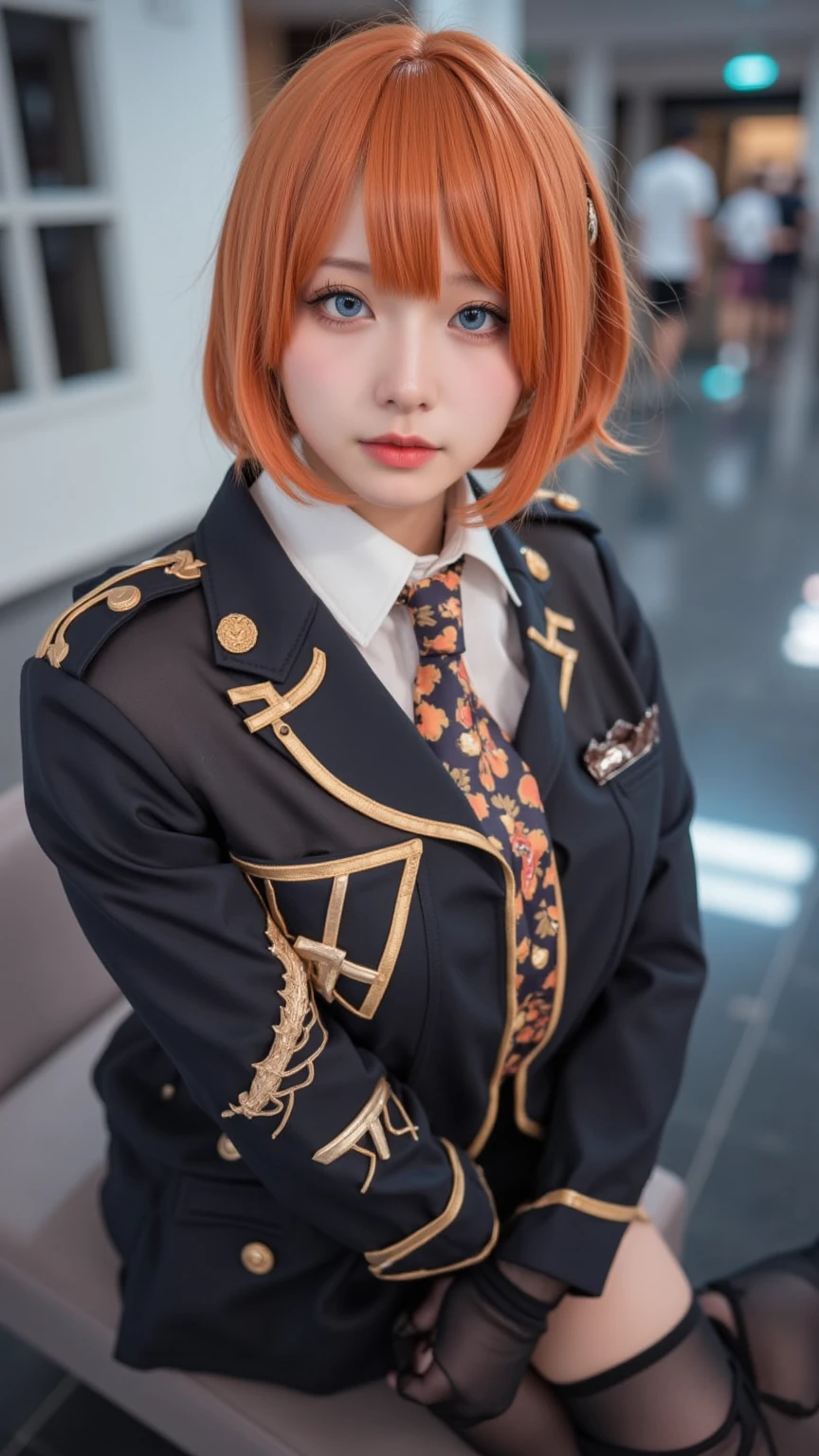((masterpiece))、(((Highest quality)))、((Super detailed)),(Blonde Short Hair)、(Barrette)、(((Hair on one eye)))、(((Hide one eye with hair)))、(Red eyes)、Blue blazer、White shirt、Red tie、Brown plaid skirt、Mao Sen Moon Song、