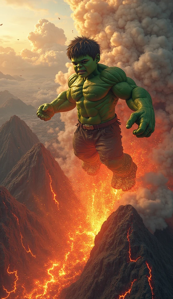 Masterpiece, High resolution, 8k, RAW, Hulk doing yoga pose and levitating from the ground, with long and flowing hair, perfect face, with an ancient and mysterious Scotland Bothy with the door slightly ajar revealing an otherworldly glow inside, and enigmatic loch with mesmerizing Scottish Highland in background, Don Lawrence realistic style, octane render, cinematic, sunset time with warm colors, mirror-like and reflective loch, ancient standing stones on the shore with Celtic symbols, floating orbs of light around the scene, waterfall cascading down from nearby cliffs