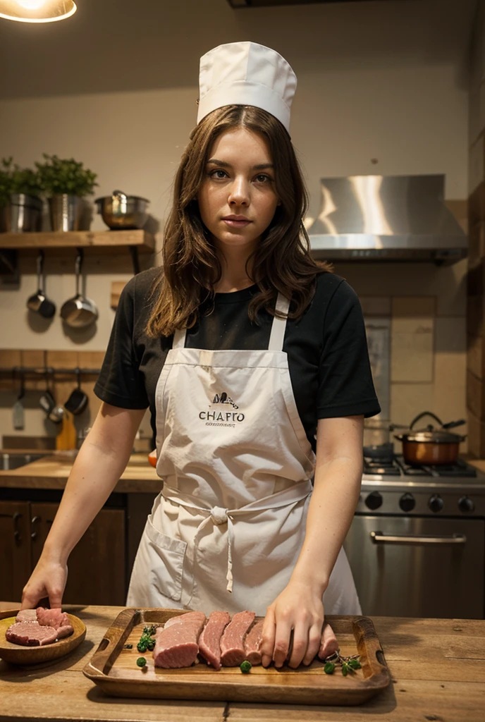Alessia Bianchi, 20 year old italian woman, black hair, blue eye, wearing apron, in kitchen, chef hat.