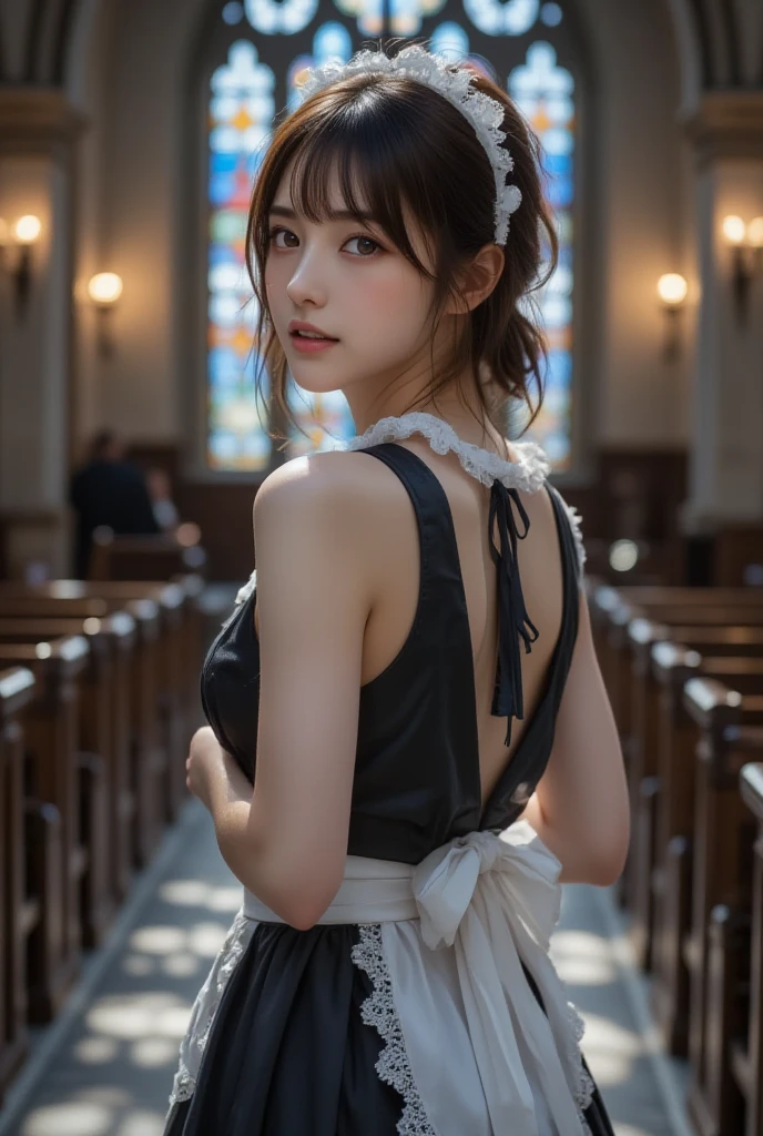 very cute and beautiful girl,(highly detailed beautiful face and eyes),(smile:1.2), black hair,looking at viewer,stylish pose,beautiful legs,cowboy shot, floral pattern brown lolita dress with detailed frills, altar,church,indoors, (best quality,masterpiece),absurdres,highres,ultra-detailed,extremely detailed,32k,8k resolution, intricate details,cinematic scene,detailed background,solo,dynamic angle,Swayback stance,standing, legs, stretch legs, hip, from behind, (Booty pose),Small Ass、