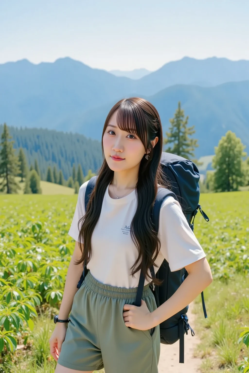 "A young woman hiking alone in the mountains on a sunny day. She is wearing hiking clothes and a backpack, walking along a lush green mountain trail. Her expression is relaxed and happy. The background features beautiful natural scenery with vast mountains and a clear blue sky. Peaceful and refreshing atmosphere."




