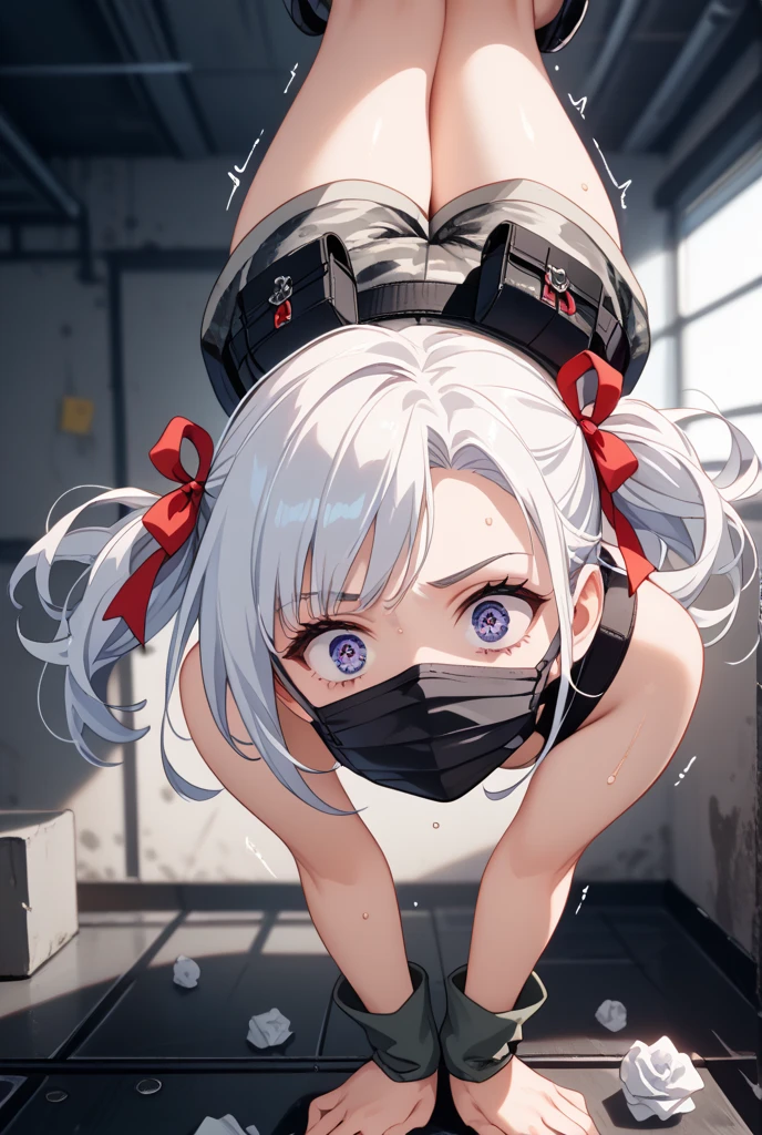 NSFW, 4k, Perfect Anatomy, The exact number of fingers, Exact number of legs, Exact number of arms, masterpiece, highest quality, high quality, best quality, high detail, super detail, very detailed, detailed light, best shadow, textured skin, (Anime), blush, (afraid, tearful, streaming tears), black mask, leather mask, leather collar, (pluggag:1.6), ((1girl, solo, yoisaki kanade, silver hear, long hear)), ((looking at viewer)), ((restrained)), (tied, shibari, tied up with rope:1.5), (slender:1.5), thighs, puffy nipples, belly button, (in stocks pose), (arms behind back:1.5), (spread legs:1.5), ((sitting on the toilet bowl, toilet))
