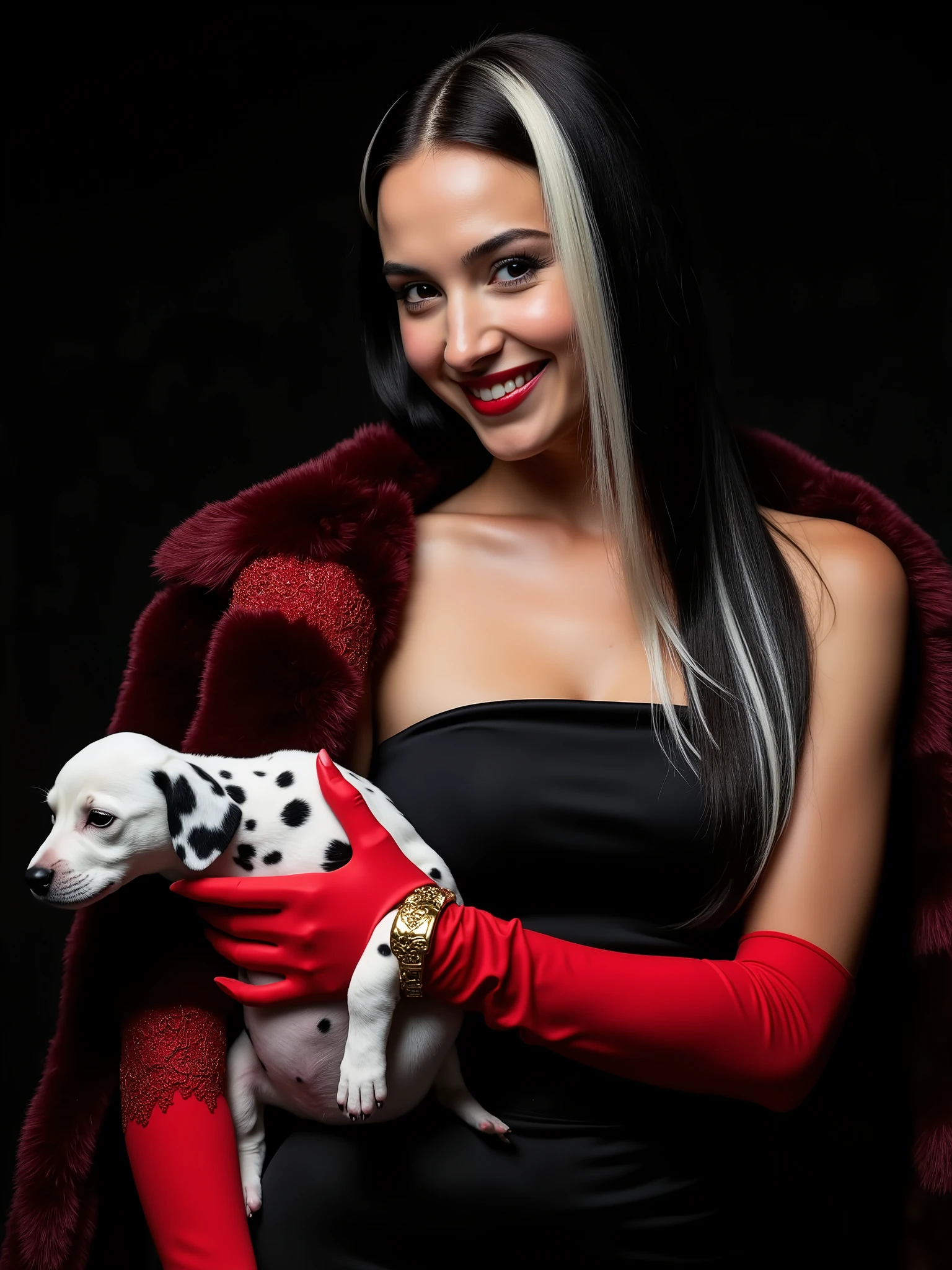 A stunning beauty woman, age 20, 44dd natural perky saggy breasts,smirking, ((with striking black and white long straight hair,black left side hair, white right side hair )) is wearing a black strapless dress and a luxurious faux fur coat accented with red lace trimming. She holds a small Dalmatian puppy in one arm, long vibrant red silk gloves. This look is completed with a gold bracelet. The atmosphere is dark and dramatic,. The lighting focuses primarily on the upper body, creating a shadowy backdrop which adds to the intense, sophisticated tone of the image.