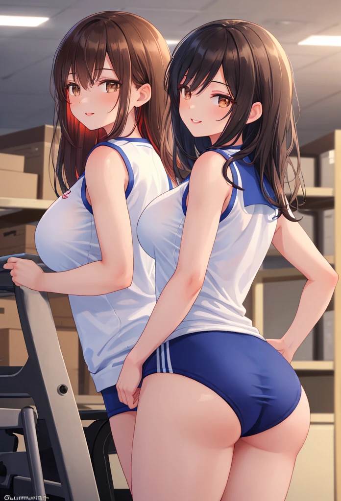 BiWitsch ornate in the background as a logo on a wall Young woman wearing sportswear with Biwitsch logo on it, Brown hair, blue eyes, Shirt lila, Pants black, brown short hair