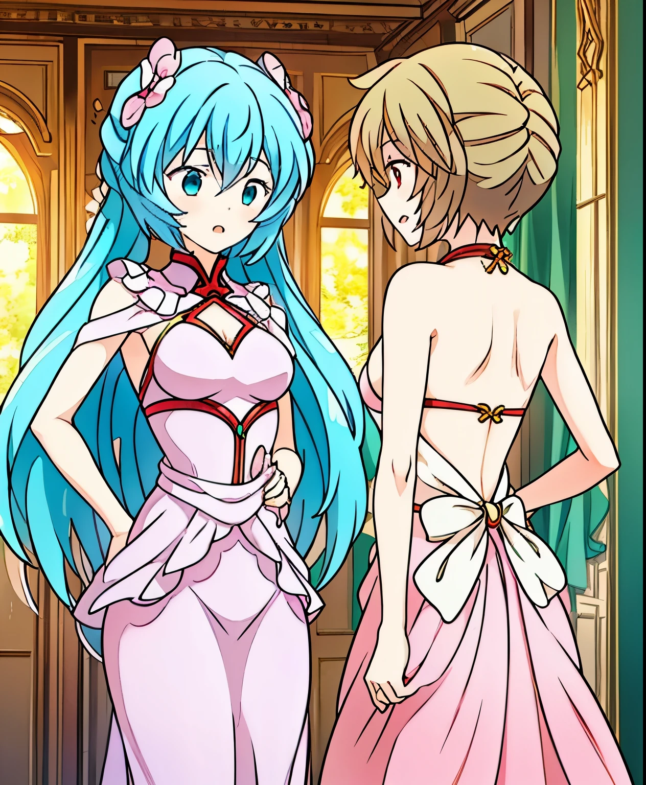 ( masterpiece、 top quality、 top quality、Official Art、 beautiful and beautiful :1.2) Hatsune Miku、light green twin tails, beautiful breasts,Hatsune MikuとエヴァンゲリオンのAyanami Reiのコラボ、Ayanami Rei、Two girls are standing with their backs together、Beautiful harmony