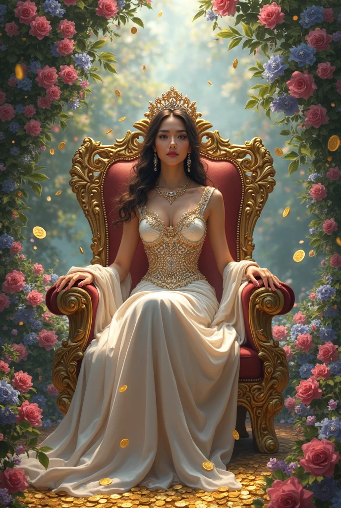 A beautiful detailed queen of joy and love, wearing a golden love-themed crown, a dress in pinks and deep reds, sitting on a love-themed throne, attended by unicorns and fairies, (best quality,4k,8k,highres,masterpiece:1.2),ultra-detailed,(realistic,photorealistic,photo-realistic:1.37),intricate details,cinematic lighting,warm color palette,fantasy,magical realism,digital art