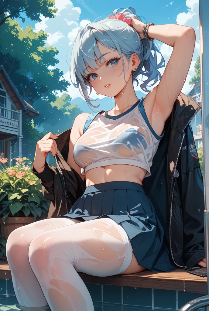 1 girl, (alone:1.2), ((masterpiece)), Slim, , pale skin, ((delicate eyes)), (bokeh effect), sweating, (dynamic angle), Get down, white hair, short hair, bare shoulders，Lilu&#39;s collarbone, armpit, (External), shy, garden, Inner eight legs,  thong，sports shoes，White over-the-knee stockings，running，Crowds of people，b cup，white girls sports bra，high resolution，Super detailed，marks of strangulation，Slim腿
