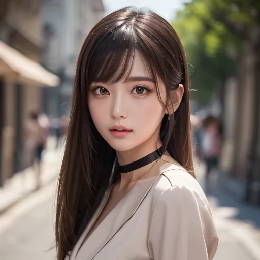 ((highest quality, 8K, Representative works in detail, ultra high resolution)), (looking at the viewer), (middle shot), attractive woman, ((big breasts)),  smile, ((black choker)), slim body shape, (big breasts, Blue colored contacts), long eyelashes, bangs, Beautiful shiny brown hair, Nogizaka Idol, slim face、((uniform))