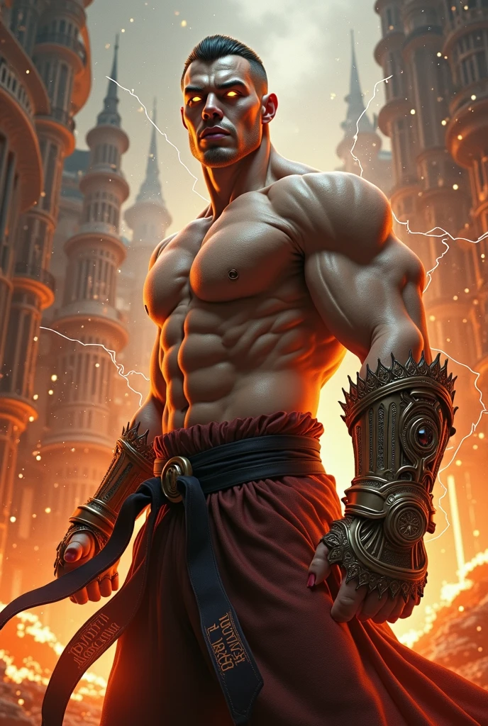 ((masterpiece, best quality)),(complex lighting),solo,1boy, full body, jiren,white gloves,bodysuit,muscular,bald light particles, dust particles,