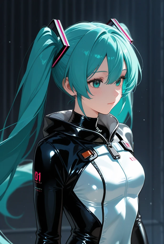 (masterpiece, Highest quality), Backlight, Lens flare, Wide Shot, Fisheye Lens , (Face Focus, Written boundary depth, close: 1.5), Super Detail, shape, colorful, (Fault Color: 1.3), (Immidshot: 1.3), video, Wide-angle, Upper Body, miku hatsune, Big Breasts, Spotless, Dark green hair, Twin tails, Very long hair, Place your arms behind your back, blue eyes, Glowing Eyes, Relaxed face, Eyebrow, Shiny Hair, Glowing Skin, A light smile, racing Miku, Black bodysuit, Cropped jacket, White jacket, Long sleeve, Two-tone gloves, Thigh-high boots, bright, Beautifully detailed skies, city, street,