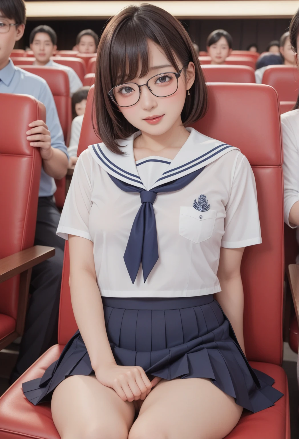 top-quality,high-level image quality,ultra-detailliert,​masterpiece,realisitic,a picture,Bright lighting,1 girl in, Beautiful age girl, (kawaii:1.2), (Shortcut Hair),((accurate hands without incongruity)),((a sailor suit)),((Short sleeve uniform white shirt)),(red necktie),(Blue Mini Pleated Skirt),panties focus,((Sit up)), (Black knee socks),(Loafer shoes), during daytime,On the train,Horizontal long seat with your back to the window,eye glasses,