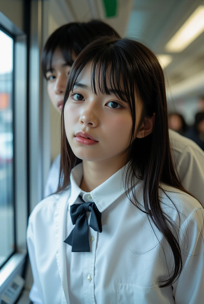 masterpiece, High resolution, Ultra High resolution, 4K, Black Hair, Japanese Girls, Uniform skirt, Accentuate your thighs, White thighs, Soft thighs, Shiny thighs, Sitting on a train, Facing angle, Angle from below, Sitting on a train Seat, Sit in front, Zoom camera to hip joint, Put your feet on the train floor, whole body, Looking down and sleepy, Only watching the audience, Highest quality, Ultra High resolution, Realistic, High resolution, detailed, RAW Photos, sharp, Nikon Film Stock Photos, Rich lens color, Ultra-realistic and realistic texture, Dramatic lighting, Unreal Engine,
