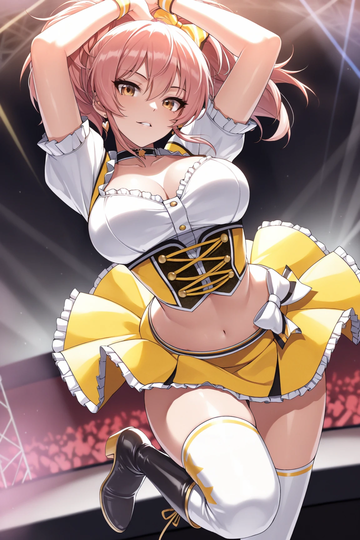 Beautiful full-length photo of an idol singer with 5 dancers, Masterpiece Quality, Shining Girls, (Miniskirt school Uniform:1.5), Bright stage lighting, Rock Stage, detail panties, ultra wide-angle, from below, bimbo, underwear, dildo under panties, dildo under clothes, gigantic breasts, cleavage, huge nipples