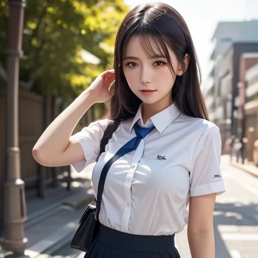 masterpiece, Highest quality, 8K, 85mm Portrait, Absurd, beautiful girl, cute, street, (school uniform, White shirt, Short sleeve), (Dark brown grey pleated mini skirt:1.5), (Dark grey tie:1.2), Long Hair, Slim body, Large Breasts,neon, No makeup, (Dark red tie:1.2), perspective, Depth of written boundary, Ultra-realistic, High resolution, photograph, Sharp focus, High resolution, Face Light, Dynamic Lighting, Most detailed, Very detailed, Super detailed, In detail, Real Skin, Delicate facial features,I can see your beautiful thighs,