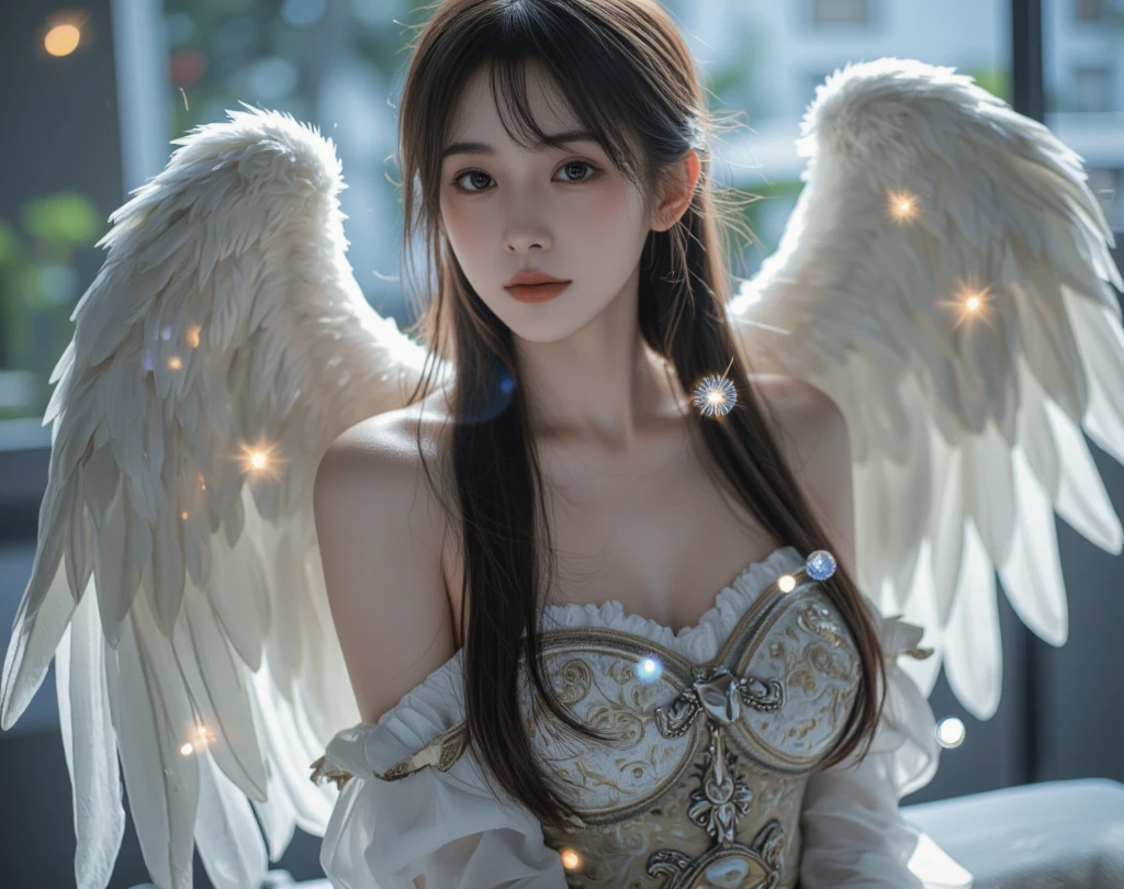 ((((8k, RAW photos, best quality, masterpiece)))), (realistic, photograph realistic), (masterpiece, best quality, High detail, Best image quality, super detailed, high resolution, Very detailed, Best quality, Extreme detail description, hyperdetailed painting), (An extremely delicate and beautiful work), Two Beautiful detailed girl, (((two girl))), ((( two angel))), (((a girl with extremely detailed and elegant white feathers bra, white angel long dress, white scarf around hand, white wing AND a girl with black feathers lace dress, black wings))), Very detailed eyes and face, Beautiful detailed eyes, Masterpiece, fair skin, noble beauty, very detailed facial, detailed skin structure, perfect anatomy, perfect figure, ((perfect body)), Beautiful detailed whole body, delicate face, fine collar bone, lovely lips, Behind the softness, (beautiful legs), (slender abs), (big breasts, Bulging breasts, crisp breasts), (cleavage), (soulful eyes), (black eyes), (beautiful and clear eyes), (bounce bang straight long hair), (purple hair), (((smiling eyes headline))), (Enchanted expression), (seductive look), (charming), crown, highly detailed necklace, delicate hair clip, Delicate earrings, ((view over sky, cloud, moon, midnight)), ((the night, moonlight)), physically-based rendering, (((full body)))