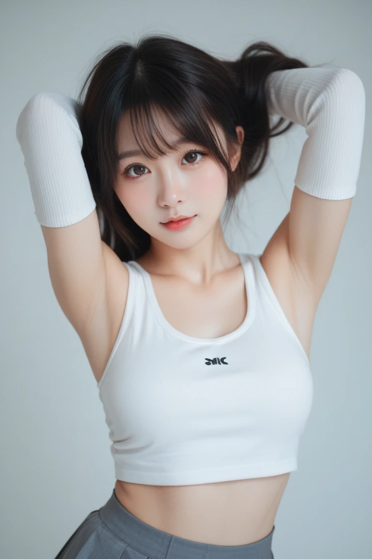 Highly detailed CG Unity 8K wallpapers,top Quority,Super detailed,tmasterpiece,realisticlying,photograph realistic,Very detailed cute girl,25 age old,musculature,Microabs,Round eyes,peeping at the viewer,Be red in the face,parted lip,Half-body shooting,
track suit , gym room,black fishnet stocking , short hair