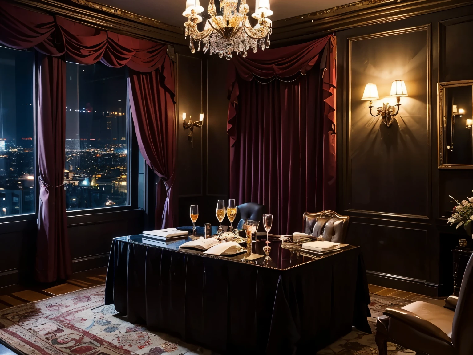 classy room、On the desk、masterpiece、top quality、Dark Red、　Deep purple、　black、　cabaret club、　dim、　satin curtain with champagne、　wine glass with champagne、night、　gorgeous、　nightclub