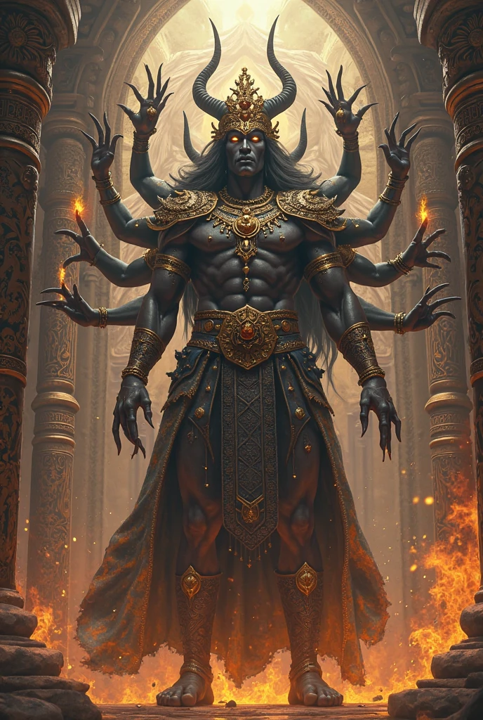 god々The impressive, eight-faced, six-armed statue of King Ashura、The appearance of rage、An atmospheric temple、Cinematic lighting、Swirling Hellfire