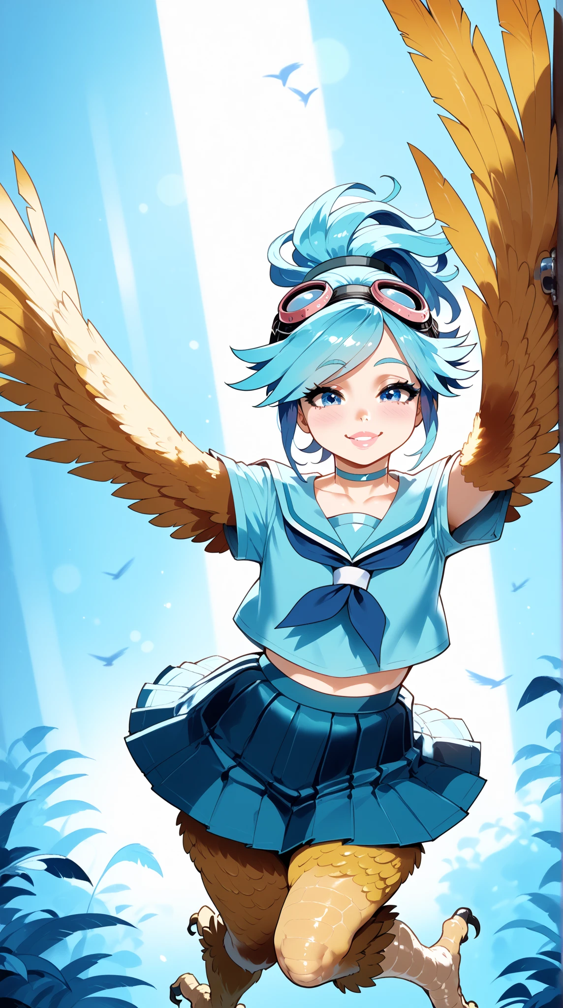 шедевр、beste-Qualit、Highly detailed art jam, lively girl、short stature、slender、flat breast、thin body、(blue and long hair)、(Upstyle Hair:1.3)、hair bunch、Holding her hair in place with a gold headpiece、Disheveled bristles、school  uniform、Dark blue blazer、white  shirt、bow ribbon、Plaid miniskirt、Beautiful thighs with gloss、white sock、lowfers、Carry a briefcase on your shoulder、Walking with a thigh、kingcraft、Coming to school、Wave your left hand loudly、Smile、Opening Mouth、waving hand in the air、watch audience、