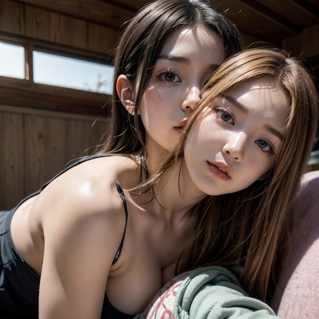 👭, 2 Korean girls, pale_Skin, Random hair color, naked, Panting less, cry, Random basic moves, with random epic backgrounds