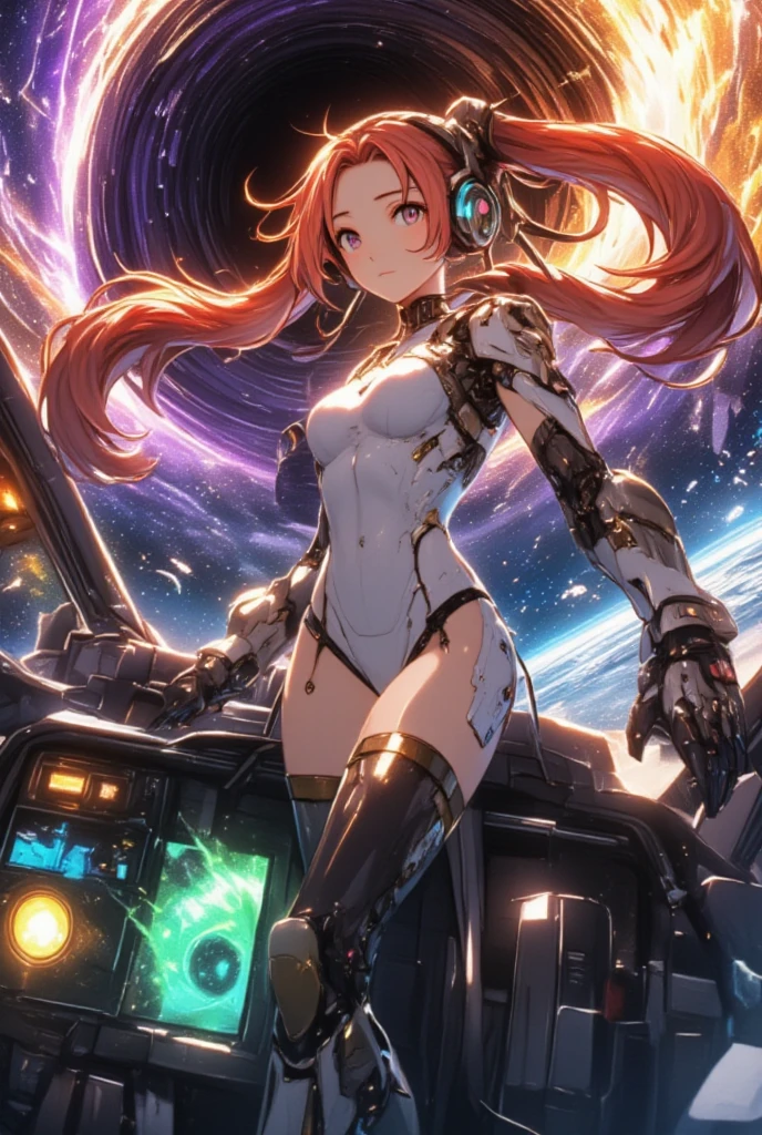 ((masterpiece, Highest quality, High resolution, 超High resolution, Pixel perfect, Written boundary depth, 4K, RTTX 10.0, High resolution))), 1 girl, single, alone, Beautiful Anime Girls, Beautiful art style, Anime characters, ((Shortcuts, bangs, Dark brown hair)), ((Green Eyes:1.4, Round eyes, Beautiful eyelashes, current eyes)), ((Smooth texture:0.75, Anime CG style)), Medium chest, ((Dynamic Angle, close)), Perfect body, (pretty girl), Beautiful girl with headphones, Sci-fi action set on Mars in the 2500s, A shiny black bodysuit, Complex patterns that emit light, smile, Background々It is a mechanical device that emits light of various colors., whole body, Dynamic Angle,