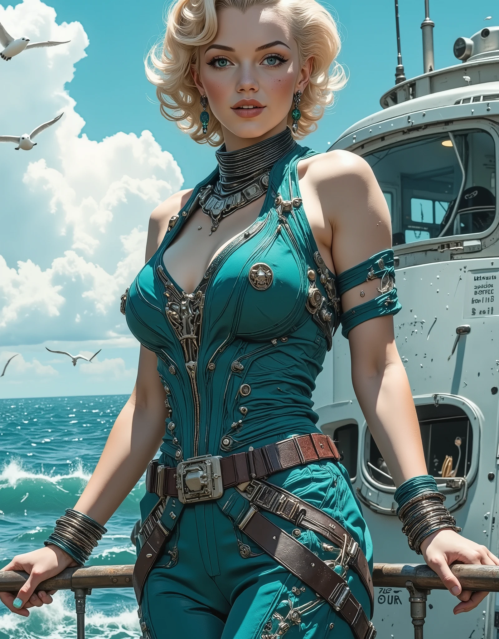 A beautiful cyberpunk female warrior (Marilyn Monroe is a cyborg) about 20 years old, light-haired, with a lush pin-up hairstyle, posing aboard a submarine-like vessel. Oceanfront landscape with crashing waves in the foreground. The woman is wearing a dark turquoise jumpsuit reminiscent of the style of the 1940s, combined with mega-modern armor made of futuristic materials, both durable, but lightweight and artistic. The jumpsuit is complemented by a wide dark brown leather belt with metal fittings. The bracelets and earrings that complement it emphasize the vintage atmosphere. The costume is decorated with protruding mechanical components, rivets and intricate textures. The material looks glossy, but slightly rough in some places. The suit's armor is highlighted with bright green neon highlights, simulating glowing energy or electrical circuits. The costume has a form-fitting design that emphasizes the musculature of the object. The woman smiles warmly, stands in a relaxed and confident pose, leaning against the railing of the ship. The facial expression conveys joy and composure. The colors are rich and bright, with an emphasis on deep blue, neon, turquoise and gray-brown, contrasting with the bright sky filled with fluffy clouds and seagulls. The detailed lighting highlights the curves and texture of her body and outfit. The art style is characterized by high detail, combining elements of anime, science fiction and mechanical art combined with realistic textures. Foreshortening is a slightly tilted full-length shot with an emphasis on dynamism and action. The atmosphere is very atmospheric, the hull of the submarine and the waves crashing on the shore create a dramatic and at the same time calm mood. Realistic depiction of skin and hair tones, rich, deep colors, dynamic vintage style. Impressionistic transmission techniques. High-level digital art.