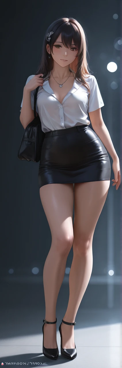 photographrealistic，s delicate face，Perfect figure with miniskirt black stockings