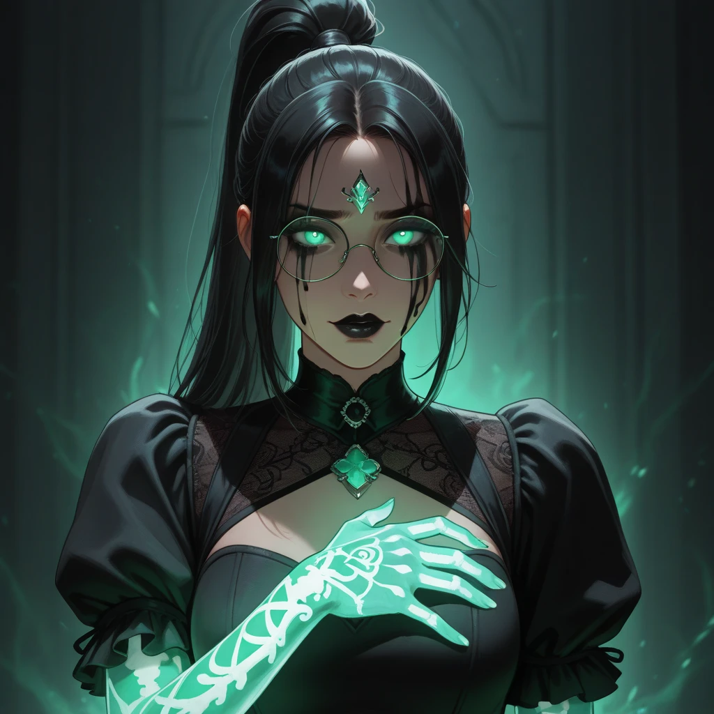 mature woman, dark sorceress, black cloak, green hood, black hair, green eyes, magic, fantasy, medieval, dungeon, night, glow