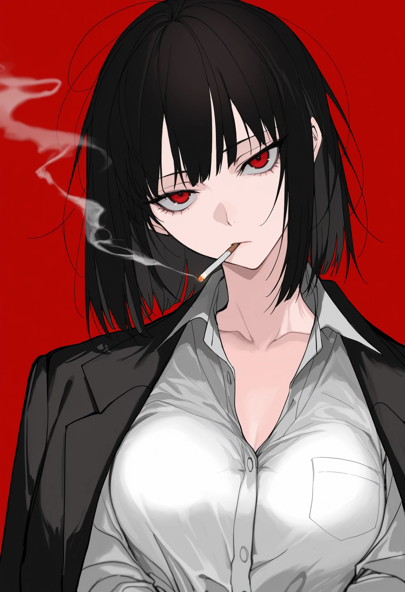 by kamikiririp, ryoshu (project moon), 1girl, solo, black hair, unkempt, wispy bangs, medium hair, messy hair, sanpaku, red eyes, small breasts, mature woman, dress shirt, black jacket, suit jacket, jacket over shoulders, cigarette, smoking, smoke, head tilt, bored, looking at viewer, frown, red background, masterpiece, best quality, amazing quality