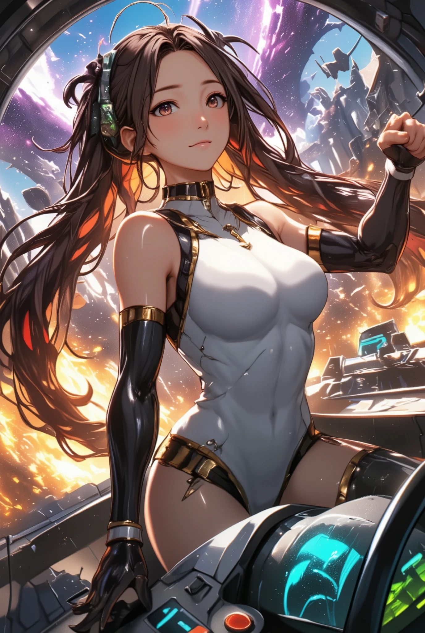 ((((A young woman))), the anime, Green eyes, (black hair), Nice face, ssmile, the perfect body, Wavy Hair, hairlong, (((morena))), big breastes, ((tmasterpiece, beste-Qualit)), illustartion, ультра детализированная 8k, Photorealistic, sharp-focus, higly detailed, Professional lighting, colorful details, Rainbow colors, Glowing, intricate detials, Vivid details, black leather dress, High-heeledshoes, décolleté, Straps, short dress, chains on the hands, hande, Chained, outer space, Star, Planet, space ships,Being imprisoned, fishnet stockings