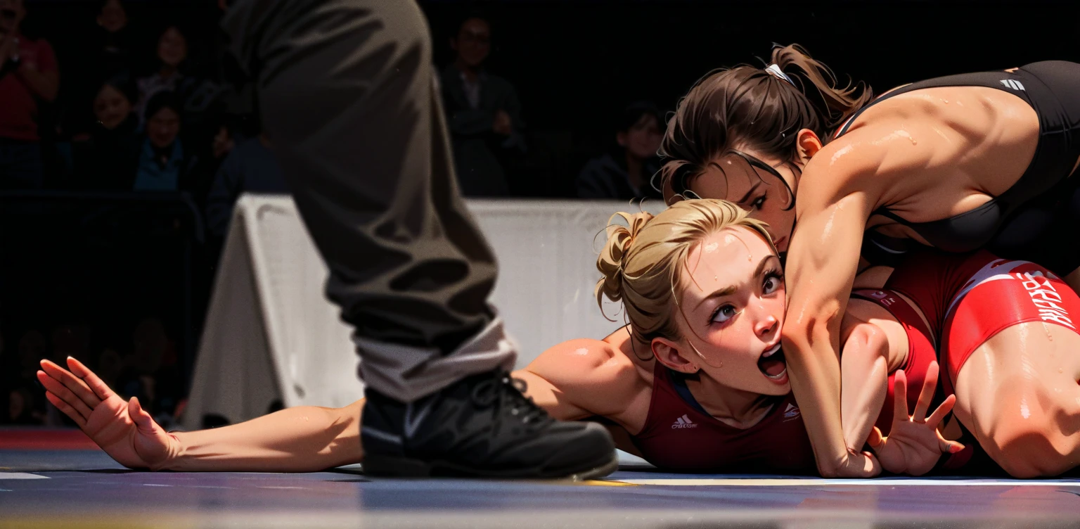 painting of a woman laying on a stretcher with a woman standing next to her, resting after a hard fight, pinned down, in an arena pit, the body of ronda rousey, posing for a fight intricate, desperate pose, wrestling ring, end of an era, in a boxing ring, realistic scene, sad scene, laying on her back, in an arena