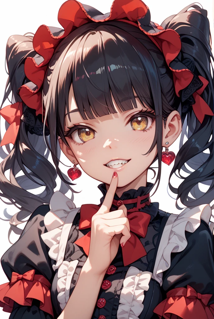 an anime-style character with distinct features. The character has long, black hair tied into twin tails with large red ribbons on each side. The eyes are bright red and highly detailed, adding a captivating effect to the character's expression. She is smiling widely, with one hand covering part of her face, giving a playful and somewhat mischievous appearance. The outfit includes various accessories, such as red rings and a choker, along with decorative elements on the clothing that contribute to an overall intricate and visually striking design.
