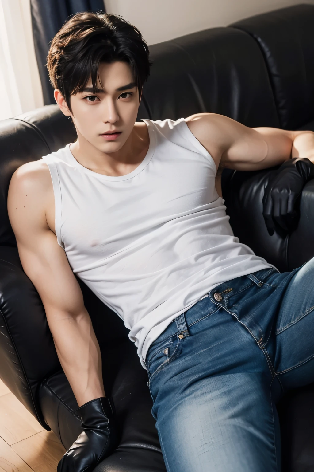Sin Pantalon, 18 year old male with abdominal muscles, black hair,Wear only shorts,Spread your legs apart,Squat facing the perspective,medium-length, perfect facial symmetry, Perfect nose, Handsome and bright smile, Almond eyes and Korea. One male, alone, individual, Handsome guy giggles. wolf cut. Single male, 一individual,