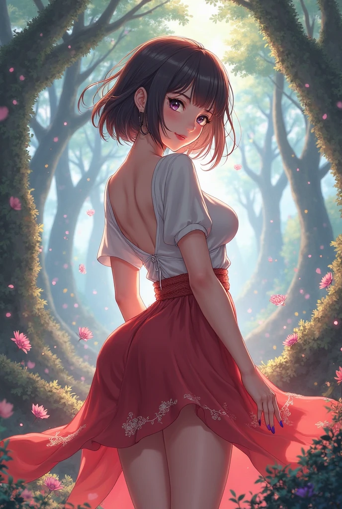 Exquisite, slender, delicate girl of with a perfect gentle face of the southern type (with short burgundy hair) with freckles with a ruby earring in the rays of the rising sun, naked with tender breasts with (pink nipples) (barefoot) (in pink colors) (on the veranda in the garden) Drinks (coffee) and looks at the flowers, in watercolor style, discreet light shades, Flares, imitation of film photography, against the sun, (strong wind), nudity, a lot of sun glare, light fills the frame, olive and grape groves, Brick Road, high image quality, Maximum detail, sunset lighting, Warm evening shades, (warm golden and olive sunset light), big space eyes, olive and grape groves, Brick Road