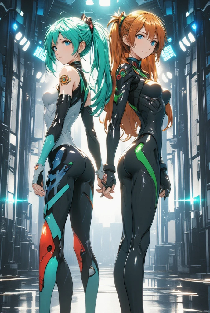 A semitransparent Zerosui, her velvet bra peeking through the sheer material, contrasting against the dark lines of the body suit. Her piercing blue eyes, filled with an absolute intensity, matched the bright rays of sunbeams, or "god rays," filtering through the dense woods background. Her pink hair, long and wavy, cascaded over her shoulders, adding a pop of color to the otherwise muted scene. With each breath, the leaves of the surrounding trees shivered, sending a gentle breeze through the painting, playing with the intricate details of the Zerosuit's design.