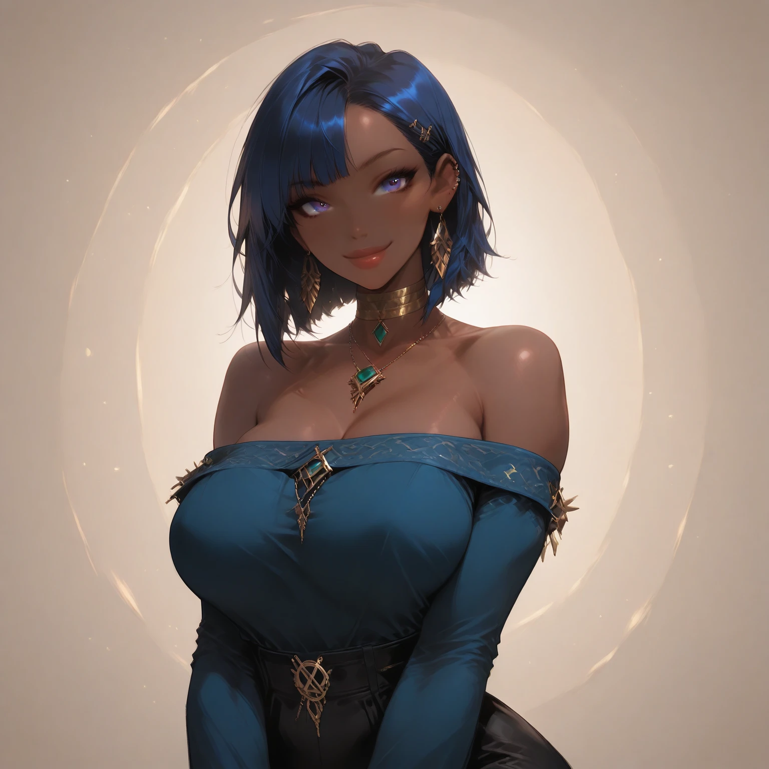 candace (genshin impact), 1girl, ankh, blue eyes, blue hair, breasts, cleavage, dark-skinned female, dark skin, egyptian clothes, expressionless, eye of horus, forehead jewel, glint, gold, gold trim, hair intakes, hair ornament, heterochromia, jewelry, lips, looking at viewer, medium breasts, neck ring, parted lips, short hair with long locks, sidelocks, signature, solo, upper body, yellow eyes, (masterpiece), (highest quality), (intricate), (high detail), sharp focus, HDR, ((photorealistic|realistic):1.5)
