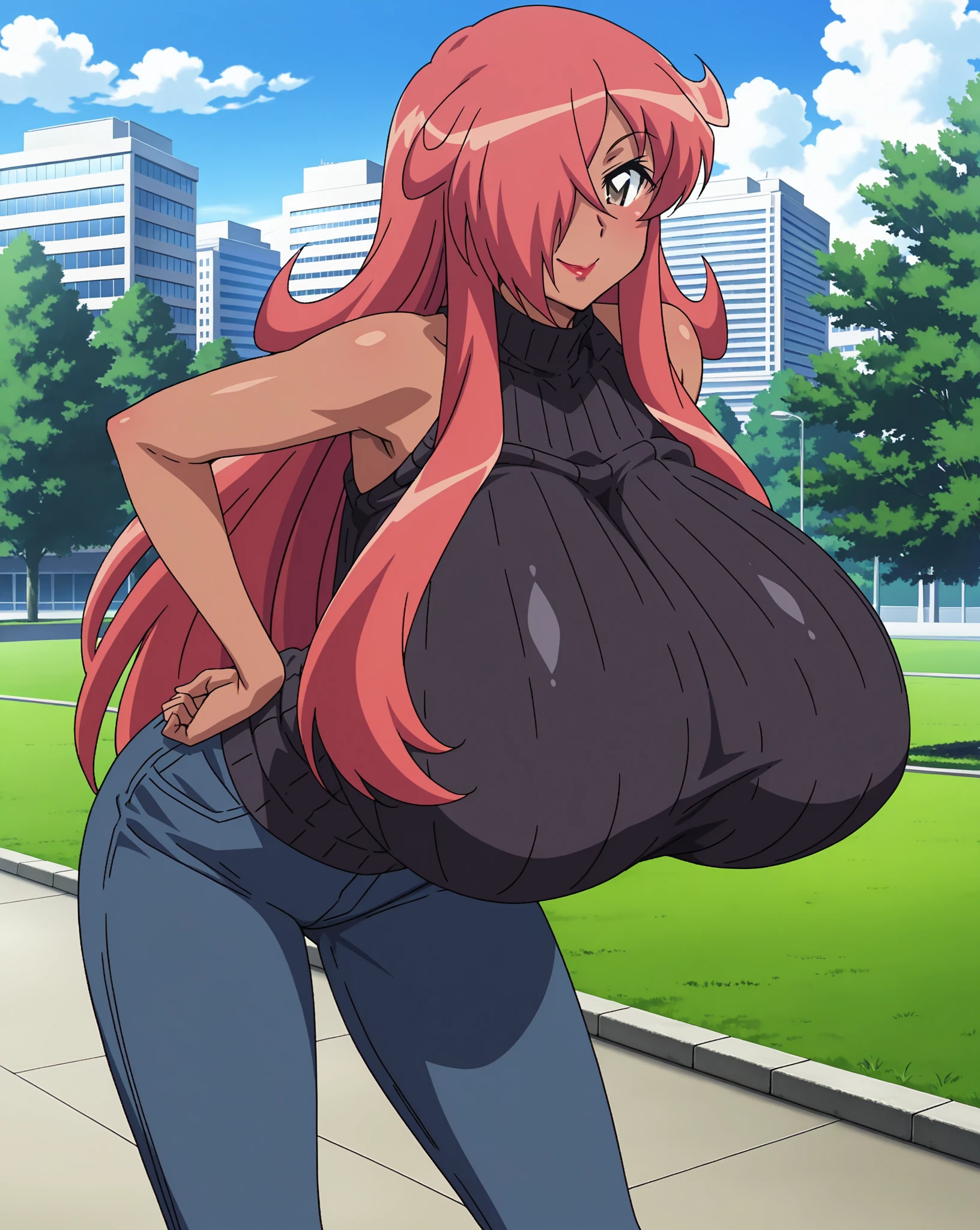 Highschool dxd, Rias Gremory,1girl, (((bimbo))), long red hair , blue eyes, ear rings, (((bimbo))), puffy lips, painted lips, thick lips, smile face, wide hips, thick thighs, white jeans, pink top, cleavage, huge round ass, huge natural breasts, posing, school