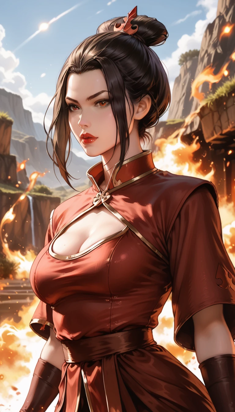 princess azula, evening, sunset, looking at viewer, cleavage, red satin robes, clothed bathing, girl floating above the water, palace, temple, fire, lava, red glowing, smug face (NSFW 1.3),detailed eyes, detailed hands, detailed face, drops of water, drops, full body

