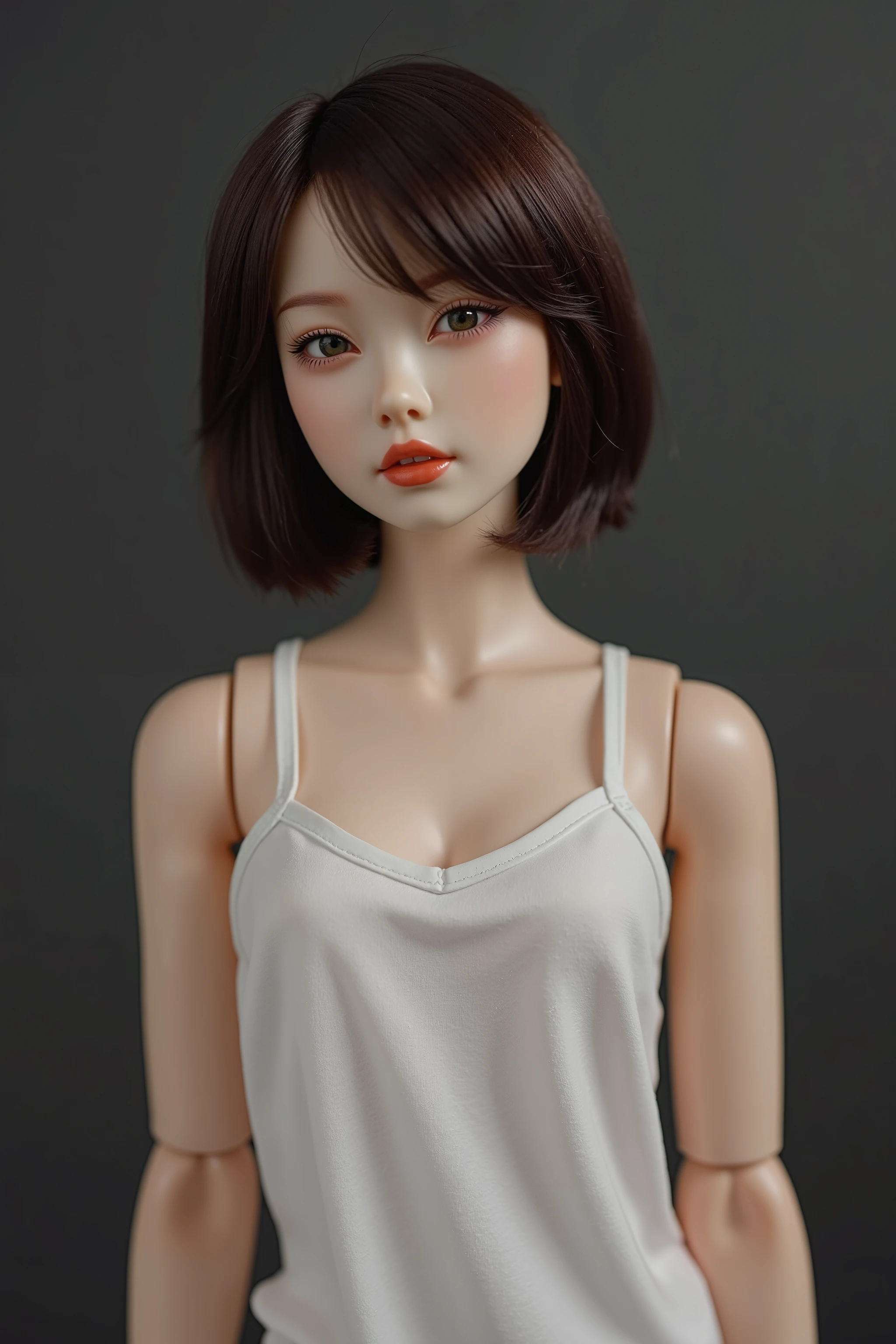 super quality、(Japanese woman's doll with visible joints)、((very small breasts:1.5))、Wearing a white camisole 、upper body up、man-made atmosphere、Slightly creepy and surreal、deep depth of field、everything is in focus、Sharp details、professional studio shooting、Not blurry