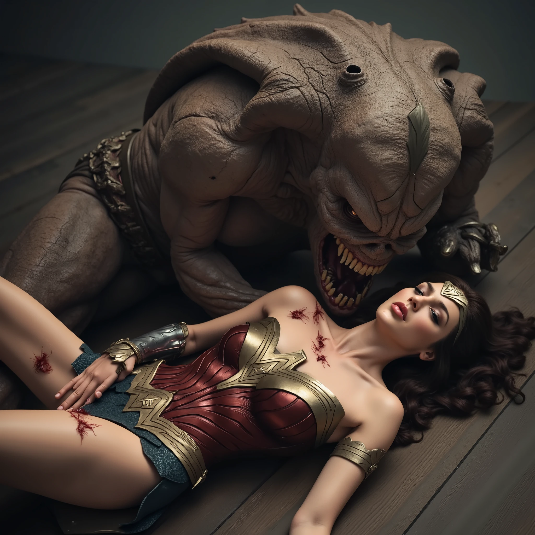 Wonder woman is lying down, bad injury, a monster is bending over her body, he strangle her neck with both hand,