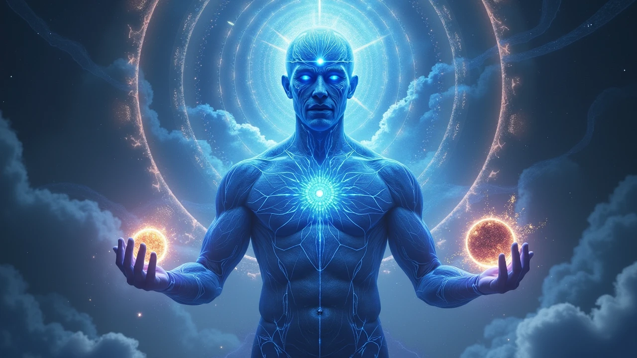 doctor Manhattan, head up, open glowing eyes, relaxed face, no iris