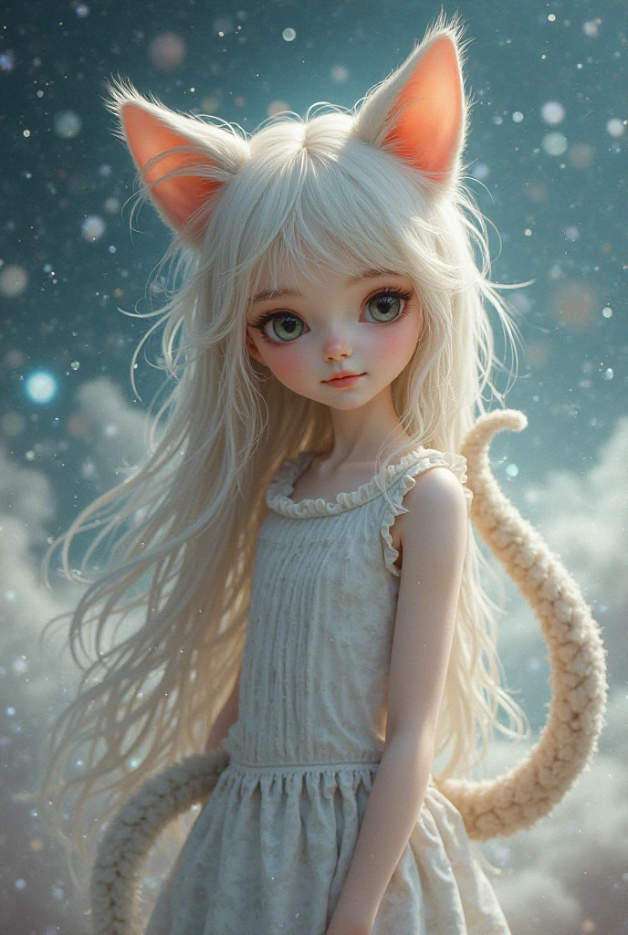 Light-skinned, woman, white cat ears, curly hair, white cat tail, adult, slim white dress, little chubby, fantasy, cute