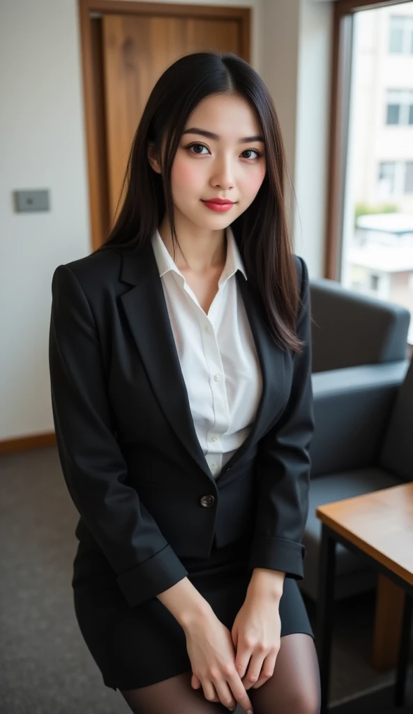(((A beautiful girl working as a cabin attendant:1.2))), (8k, RAW Photos, Highest quality, masterpiece:1.2), ((Beautiful girl alone)), Looking at the audience, Viewed from the front, Beautiful white skin, knees, Absurd face is small, Part your bangs down the middle, The forehead is visible, Glare, ((Cute mischievous face:1.3)), Ultra-high resolution, cute, (Slender body line), (Outstanding proportions), ((Office lady suit:1.4)), high school girl, (Idolフェイス, Baby Face:1.65), Japanese women, Are standing, (Photorealistic:1.37), Photon Mapping, Realistic, cute顔が小さい, Brown eyes, prospect, Written boundary depth, Blurred Background, (I can see the bangs), Silky smooth hair, (Firm stomach:1.3), (Beautiful and slim thighs:1.4), (Small beautiful butt:1.2), (Curved waist), thigh, Nogizaka idol, Idol, (Detailed hands:1.3, Accurate hands:1.3, Beautiful little hands of a girl:1.3), (Firm and beautiful breasts:1.3), Super quality, Low people, (Clear white skin, Skin with visible pores:1.2), (Focus on the face), Check and correct the garment construction, (Perfect Anatomy:1.3), (Detailed eyes and face:1.3, Professional photography techniques), (Adorable poses)