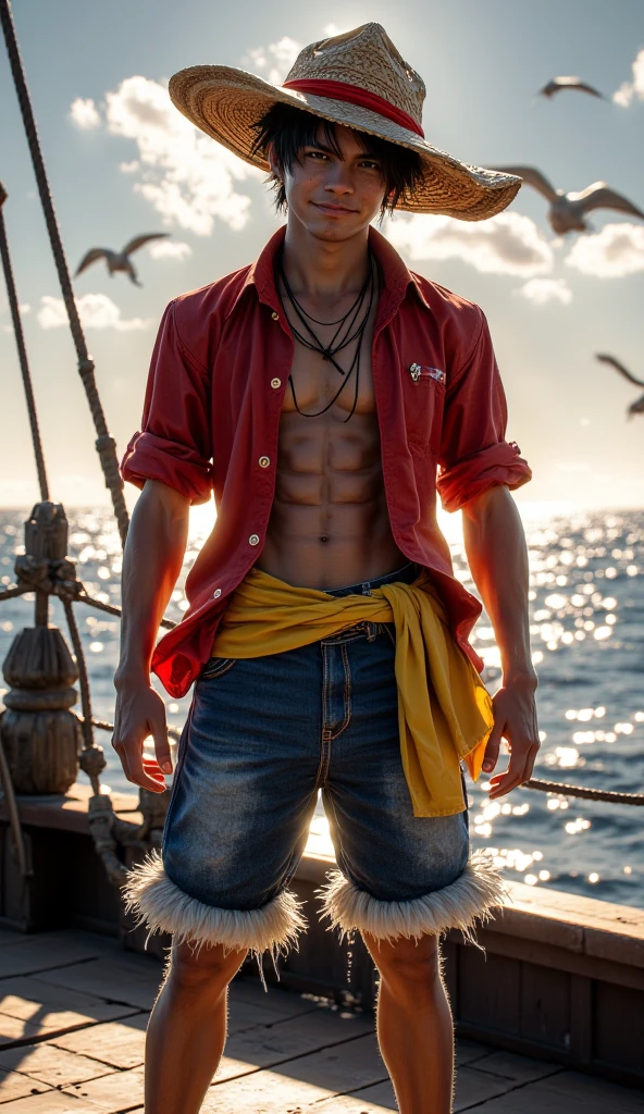 Realistic, highres, Monkey d. Luffy from one piece, A 19-year-old young man with short black hair, wearing a straw hat with a red ribbon. He is dressed in an open red jacket without buttons, (((revealing his muscular chest with a large X-shaped scar))). Luffy is also wearing blue shorts and sandals. His hands are wrapped in bandages, and he is often seen with a wide smile and a confident posture. The background is a tropical island or ocean, reflecting his adventures as a pirate, realistic, cinematic, 4k