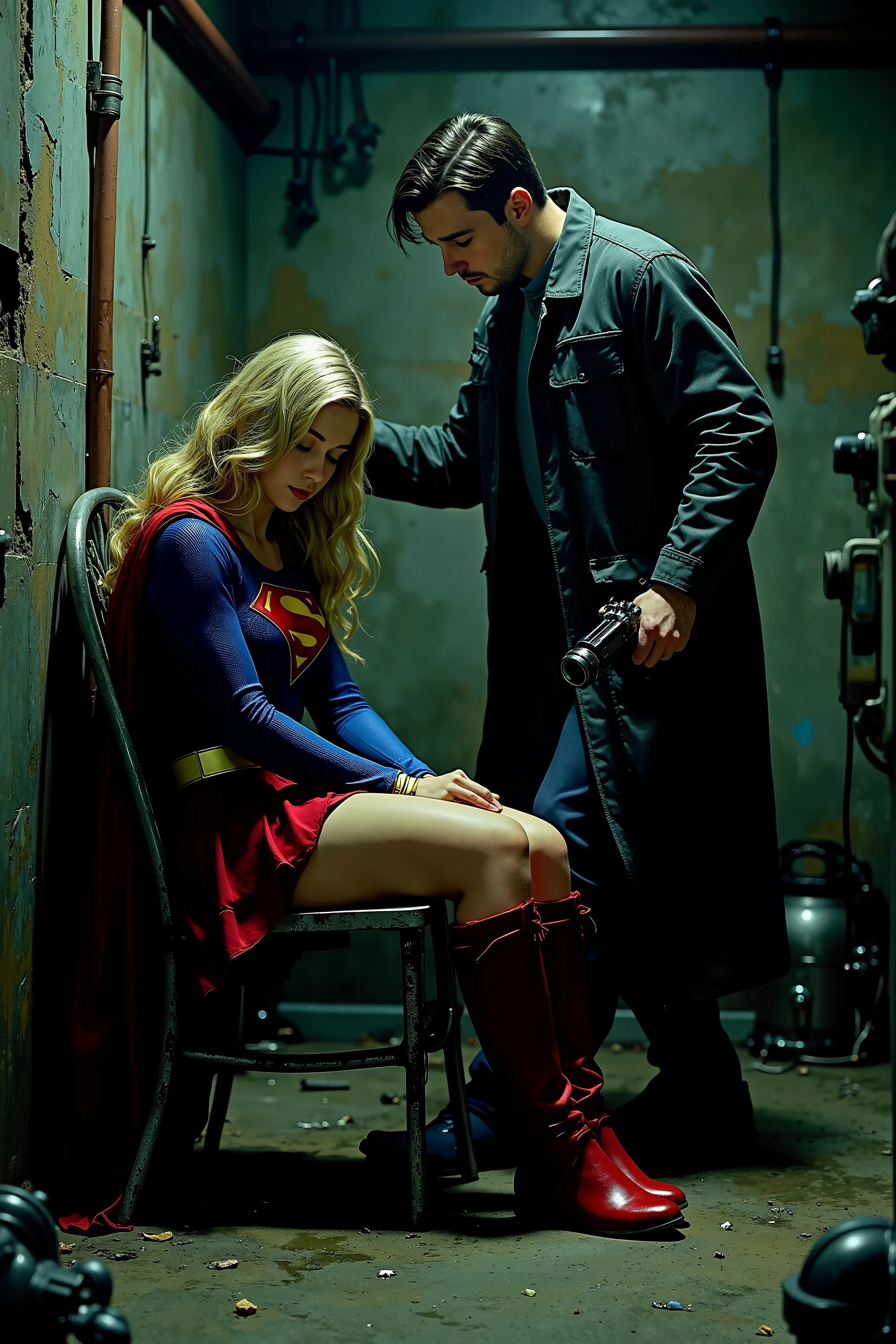 NSFW,
photorealism,
((a scene from a live-action movie)),
extremely detailed,
1girl, 3guys,
Supergirl sitting slumped on a metal chair,
a man standing next to her holding a stun gun,
a basement,