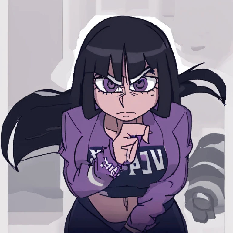 There is a tall, dominant looking woman, with a curvy yet slender body. She has long black hair, bangs just over the eyebrows, and the back of her hair in a low ponytail. She has yellow, piercing eyes, and a cold stare at the POV. She is wearing a dark purple turtleneck and black pants, which accentuates her curvy figure. She is crossing her arms, in an intimidating manner.