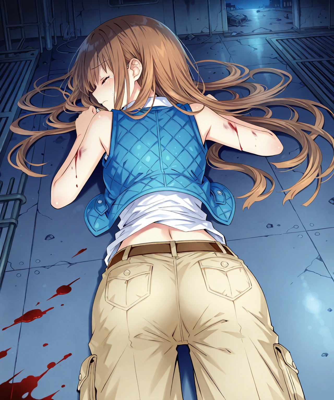 A girl in torn clothes falls to the ground