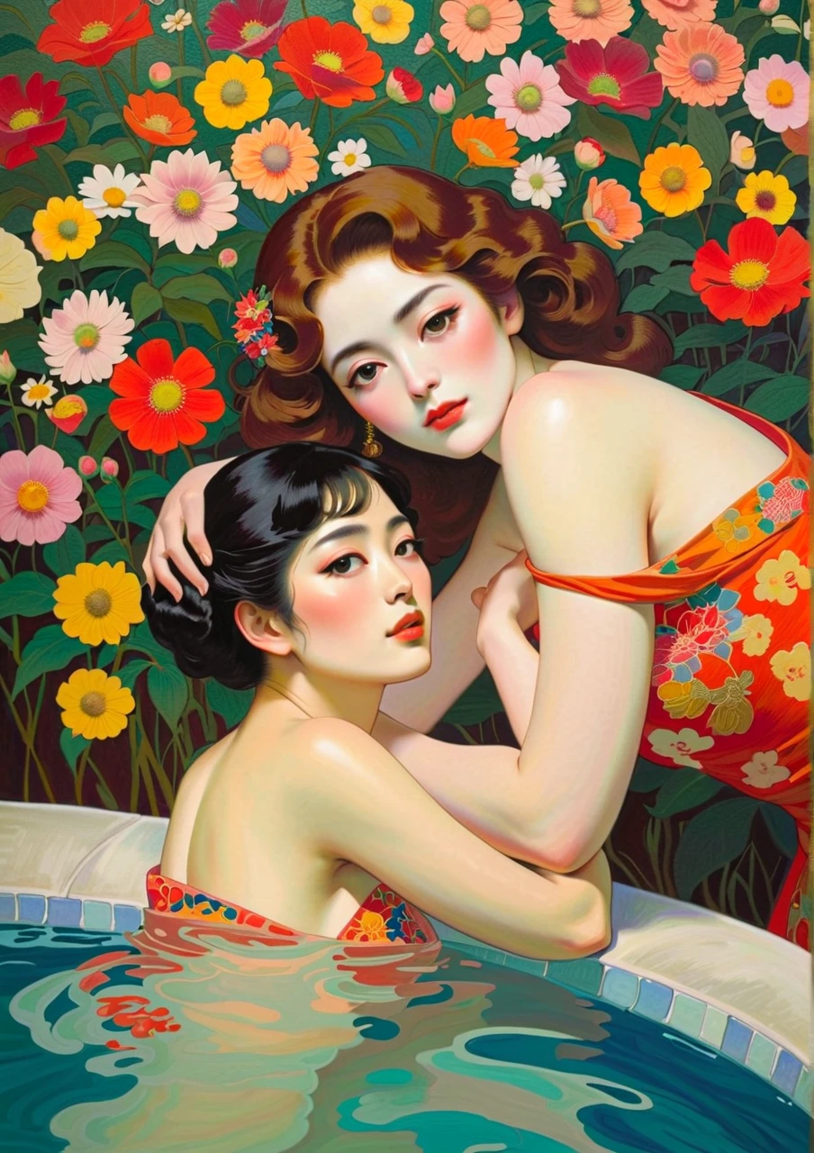 An impressionist painting of a beautiful 2 Asian girls, twins, with straight black hair and a very beautiful face. short hair and is standing in a terrarium filled with flowers. naked upper body. The background is a serene landscape with mountains, trees, and a body of water.